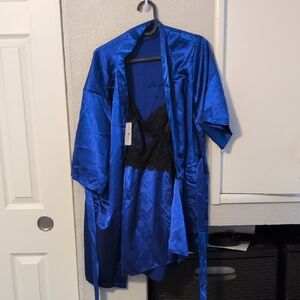 Blue Satin Robe and Lace Chemise Set - Women’s Sleepwear